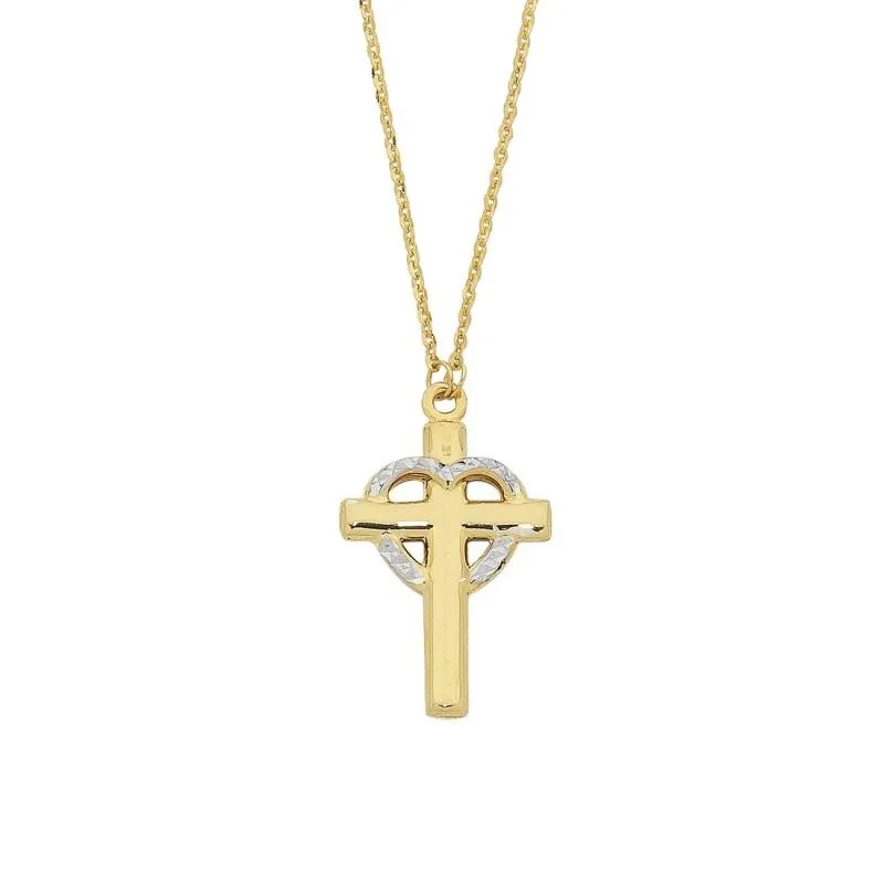 9ct Yellow Gold Silver Infused Two Tone Cross &amp; Heart Pendant Necklace