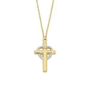 9ct Yellow Gold Silver Infused Two Tone Cross &amp; Heart Pendant Necklace