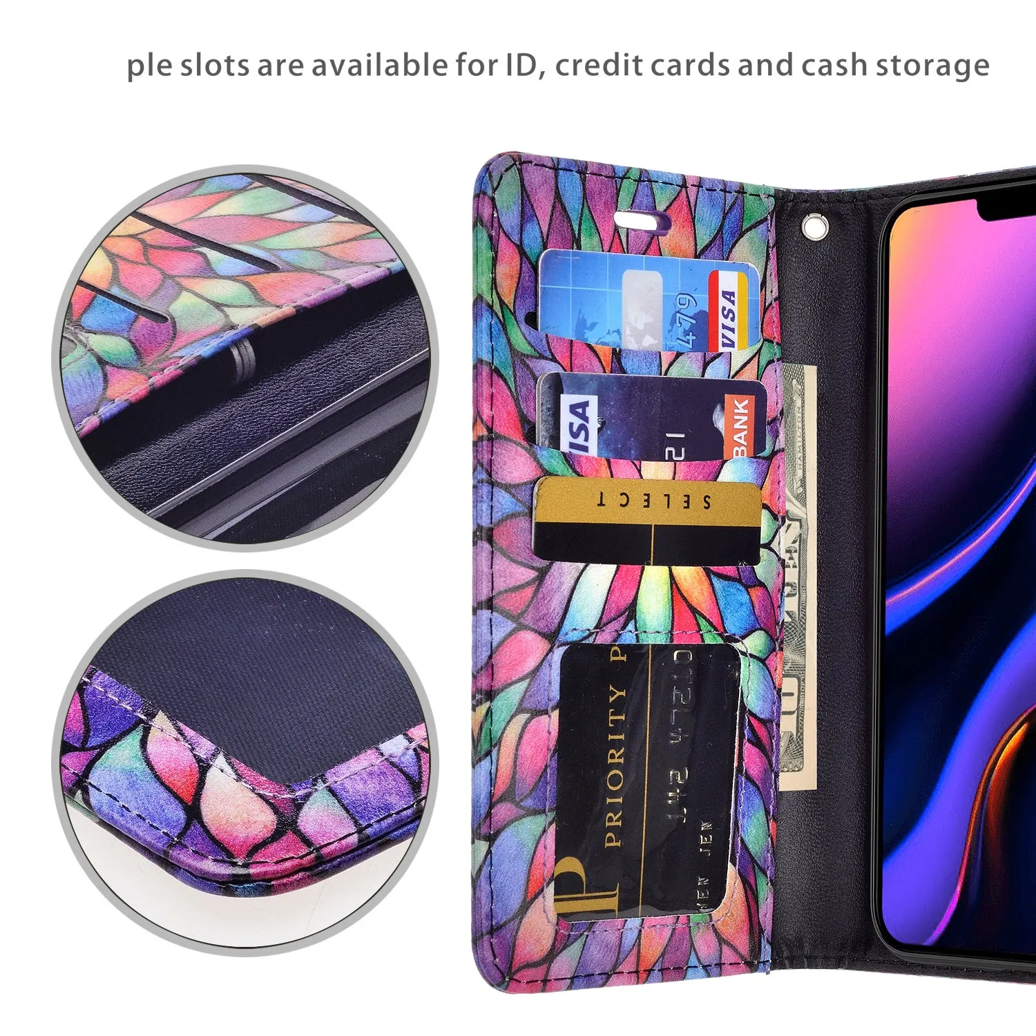 Apple iPhone 12 mini Case, iPhone 12 mini Wallet Case, Wrist Strap Pu Leather Wallet Case [Kickstand] with ID & Credit Card Slots - Rainbow Flower