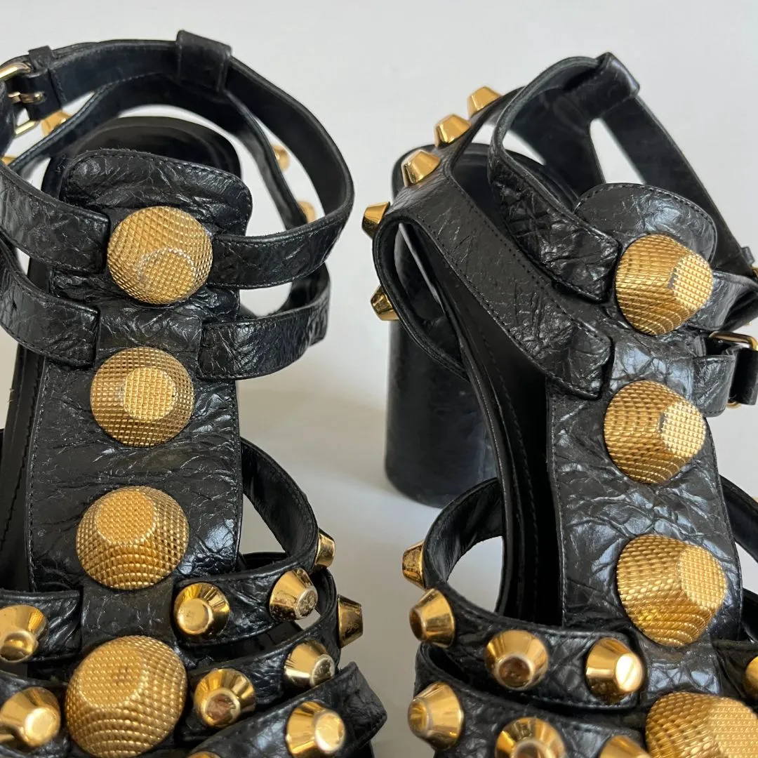 Balenciaga Black Leather Arena Studded Gladiator Block Heel Sandals, 38.5