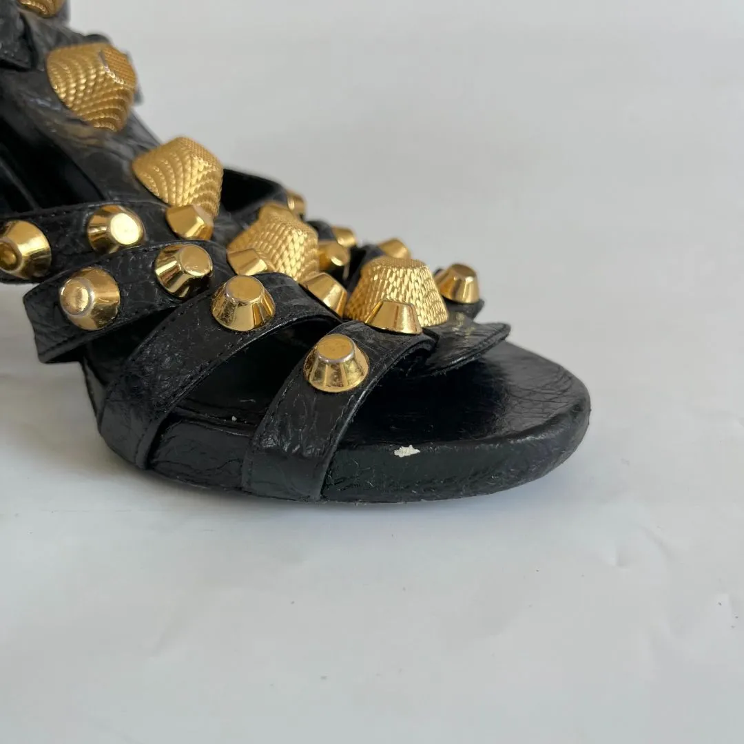 Balenciaga Black Leather Arena Studded Gladiator Block Heel Sandals, 38.5