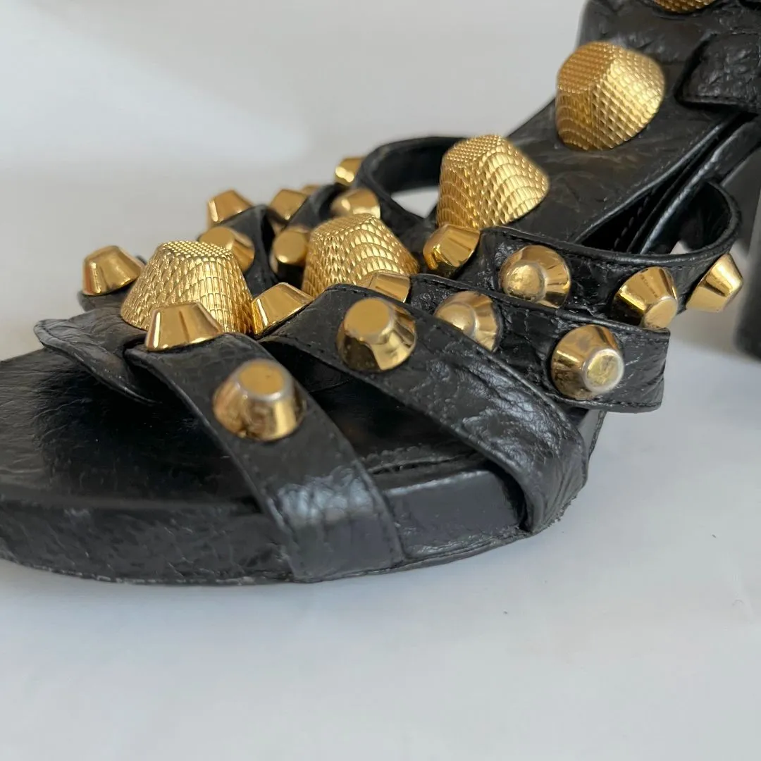 Balenciaga Black Leather Arena Studded Gladiator Block Heel Sandals, 38.5
