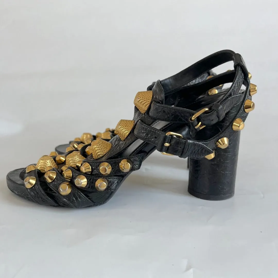 Balenciaga Black Leather Arena Studded Gladiator Block Heel Sandals, 38.5