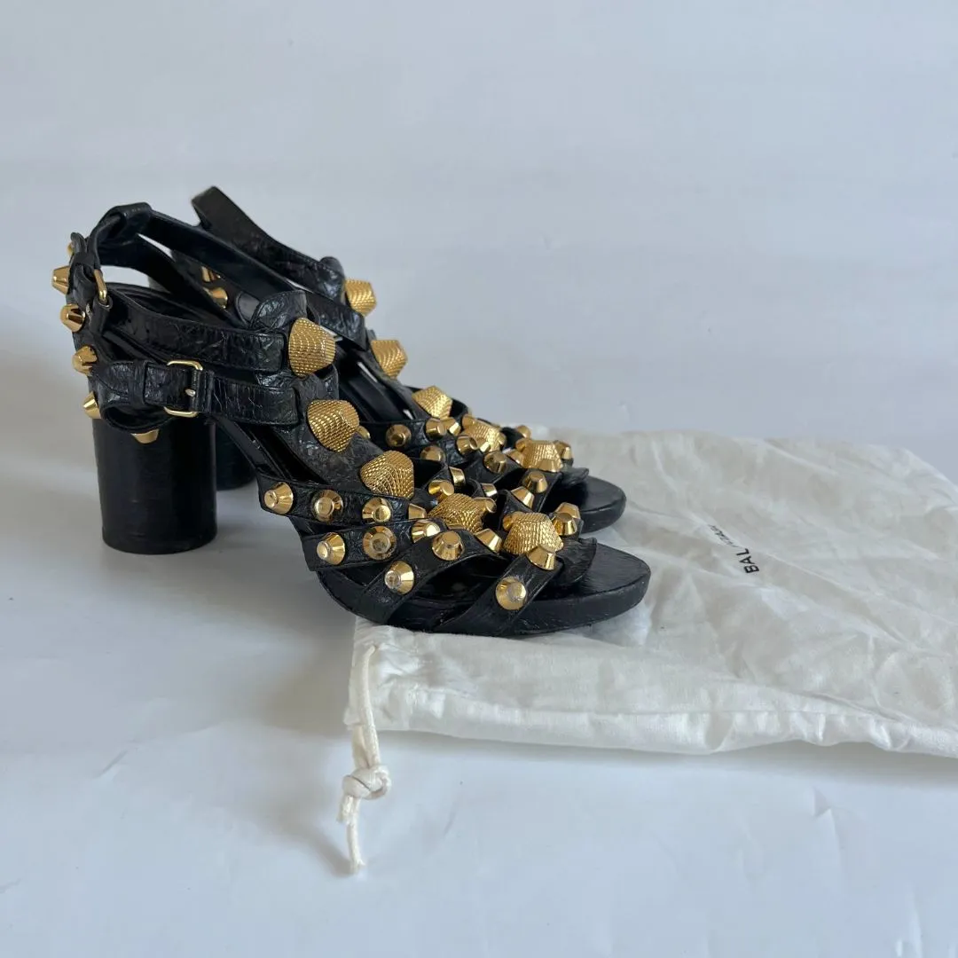 Balenciaga Black Leather Arena Studded Gladiator Block Heel Sandals, 38.5