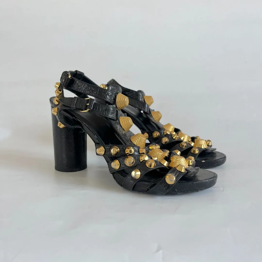 Balenciaga Black Leather Arena Studded Gladiator Block Heel Sandals, 38.5
