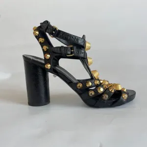 Balenciaga Black Leather Arena Studded Gladiator Block Heel Sandals, 38.5