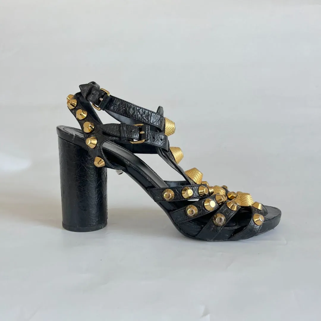 Balenciaga Black Leather Arena Studded Gladiator Block Heel Sandals, 38.5