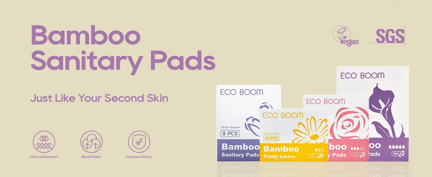 Bamboo Viscose Sanitary Pads with Wings 100% Natural Sanitary Pads Chlorine and Fragrance Free Heavy Absorbency Sanitary Napkins for Women 8 Count