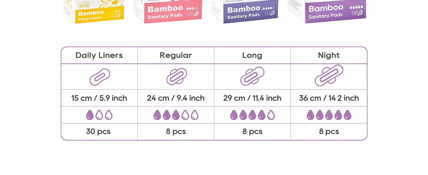 Bamboo Viscose Sanitary Pads with Wings 100% Natural Sanitary Pads Chlorine and Fragrance Free Heavy Absorbency Sanitary Napkins for Women 8 Count