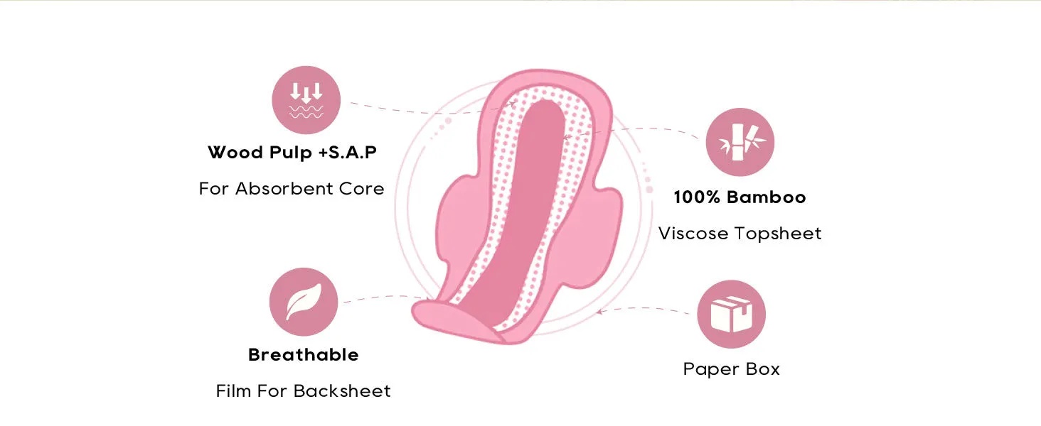 Bamboo Viscose Sanitary Pads with Wings 100% Natural Sanitary Pads Chlorine and Fragrance Free Heavy Absorbency Sanitary Napkins for Women 8 Count