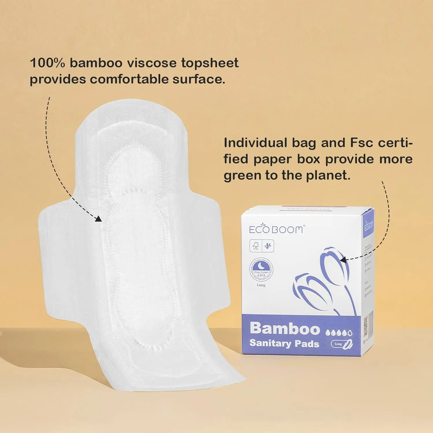 Bamboo Viscose Sanitary Pads with Wings 100% Natural Sanitary Pads Chlorine and Fragrance Free Heavy Absorbency Sanitary Napkins for Women 8 Count