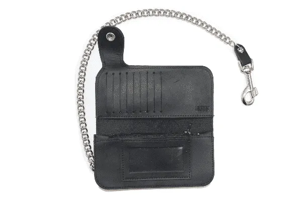 Bi-Fold Biker Side Snap Black Leather Wallet w/ Chain