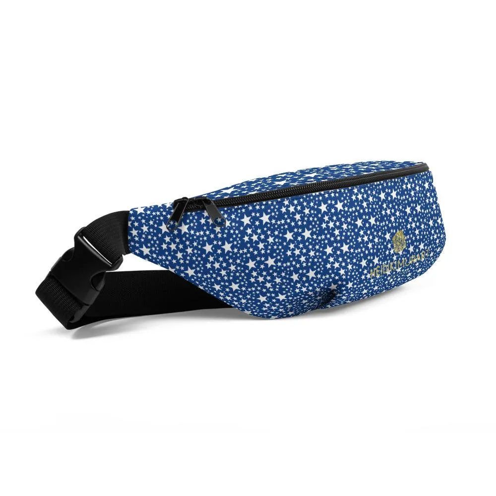 Blue White Stars Fanny Pack, Star Pattern Over The Waist Belt Shoulder Bag- Made in USA/EU