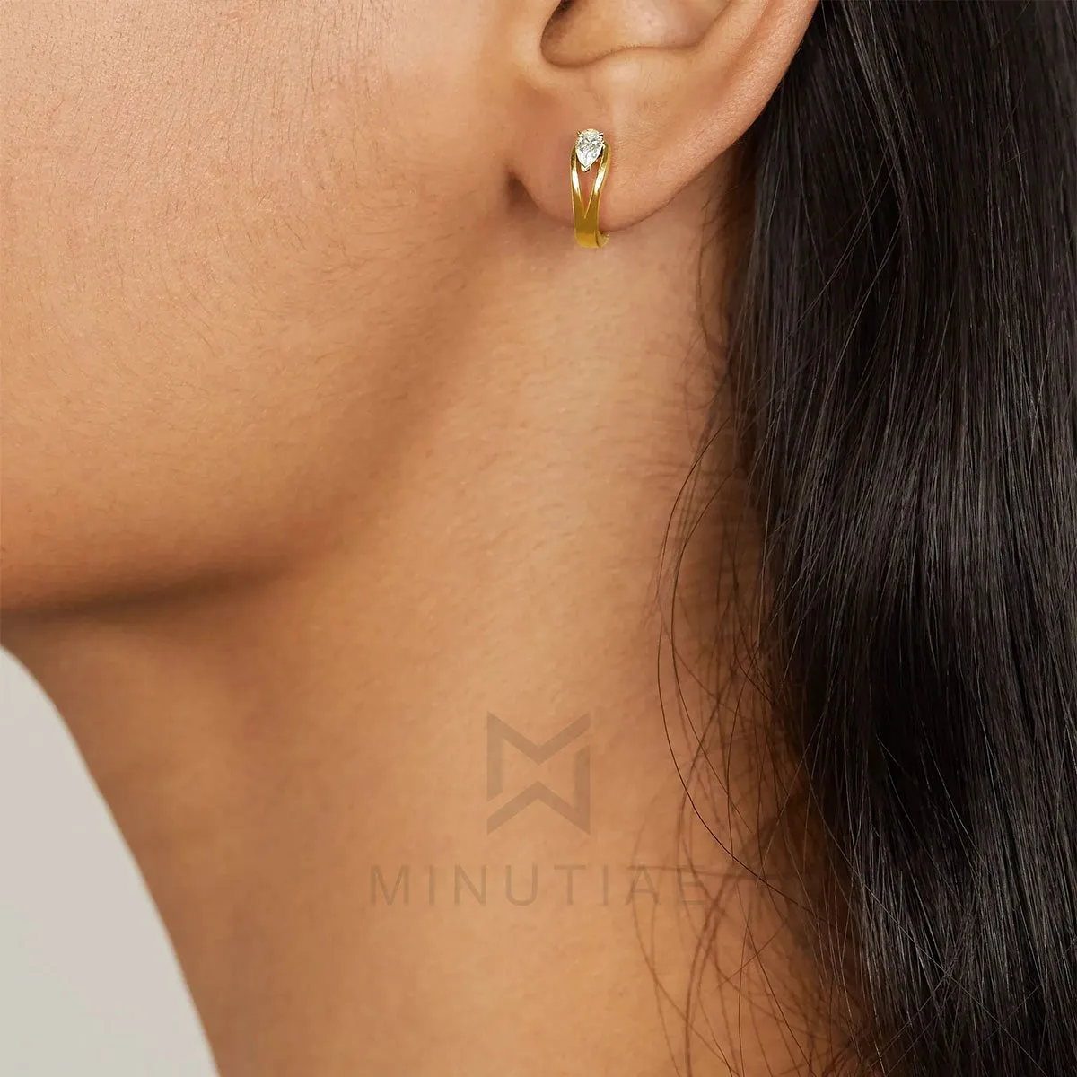Brass 18k Rose Gold Pear Crystal Solitaire Huggie Earring Pair For Women