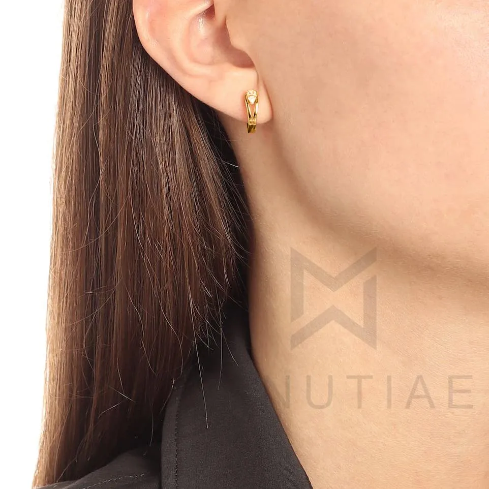 Brass 18k Rose Gold Pear Crystal Solitaire Huggie Earring Pair For Women