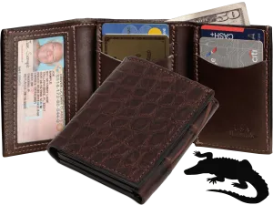 Brown Alligator Luxury Designer Exotic Trifold Wallet With ID Window