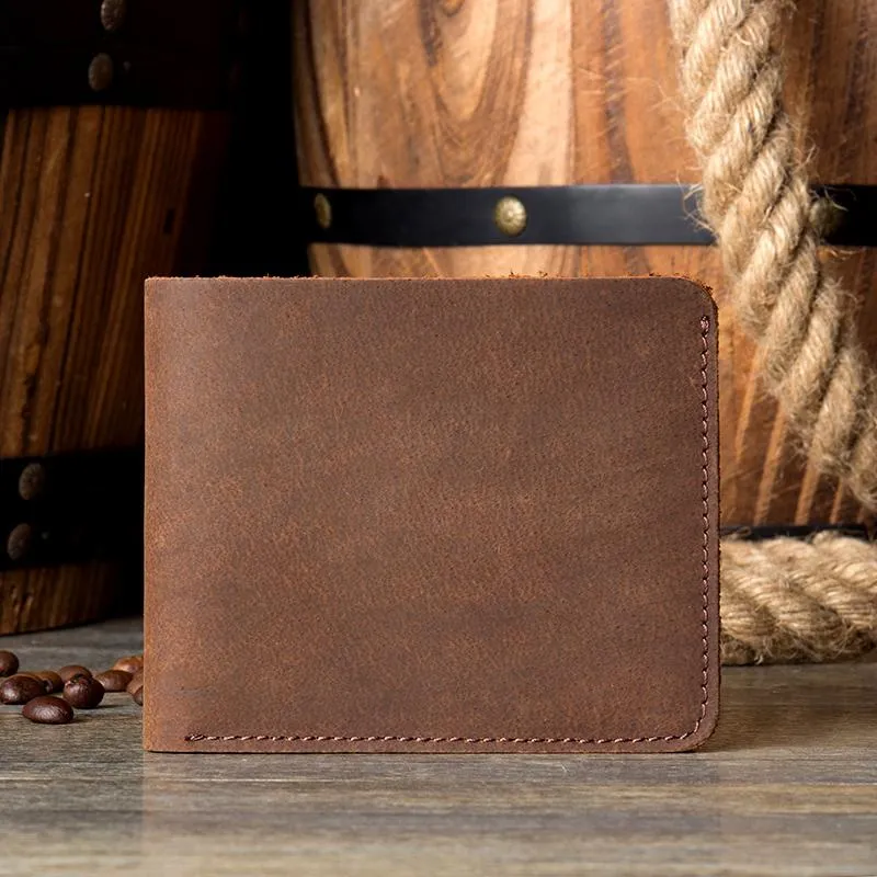 Brown Cool Leather Mens Bifold Small Wallet Thin Front Pocket Wallets Slim billfold Wallet for Men