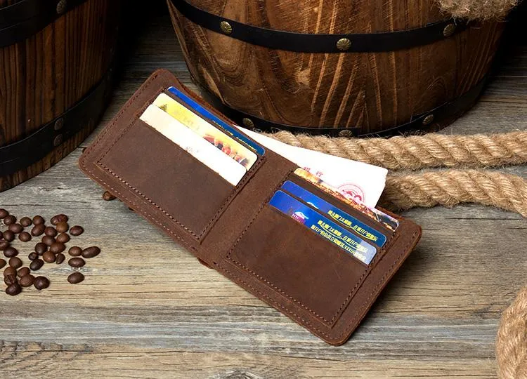 Brown Cool Leather Mens Bifold Small Wallet Thin Front Pocket Wallets Slim billfold Wallet for Men