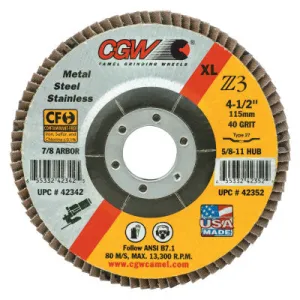 CGW Abrasives Premium Z3 XL T27 Flap Disc, 4 1/2", 40 Grit, 7/8 Arbor, 13,300 rpm, 42342