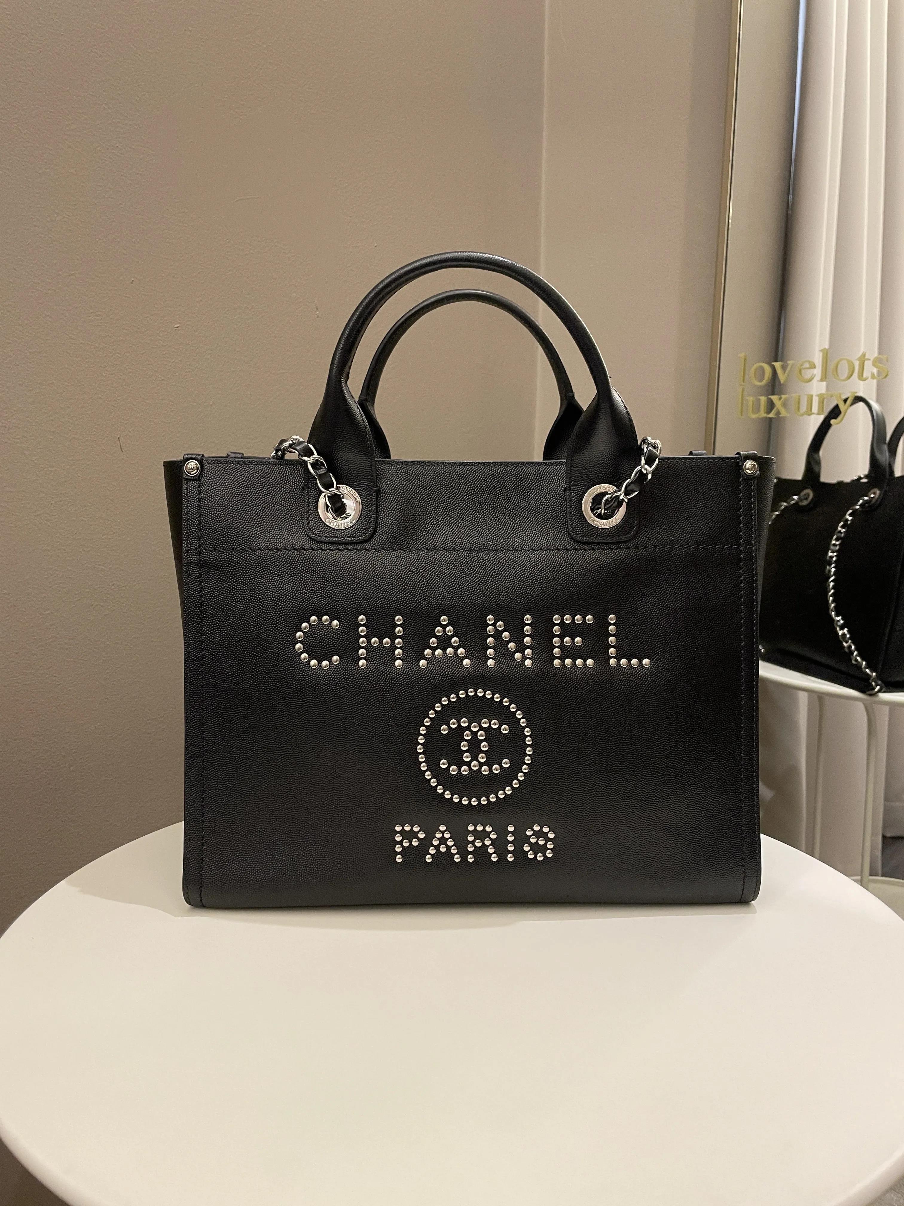 Chanel Studded Deauville Shopper Tote Black Caviar