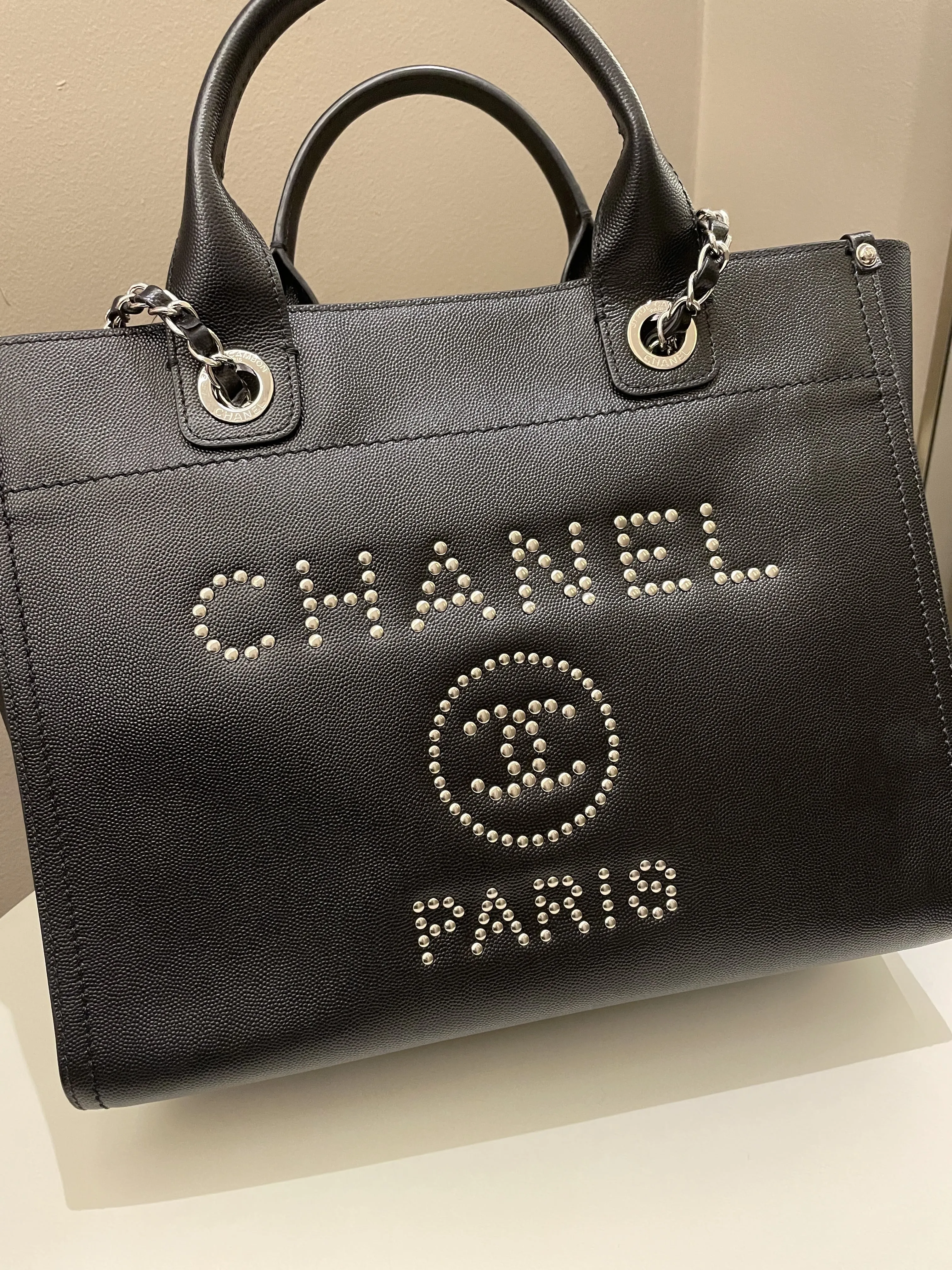 Chanel Studded Deauville Shopper Tote Black Caviar