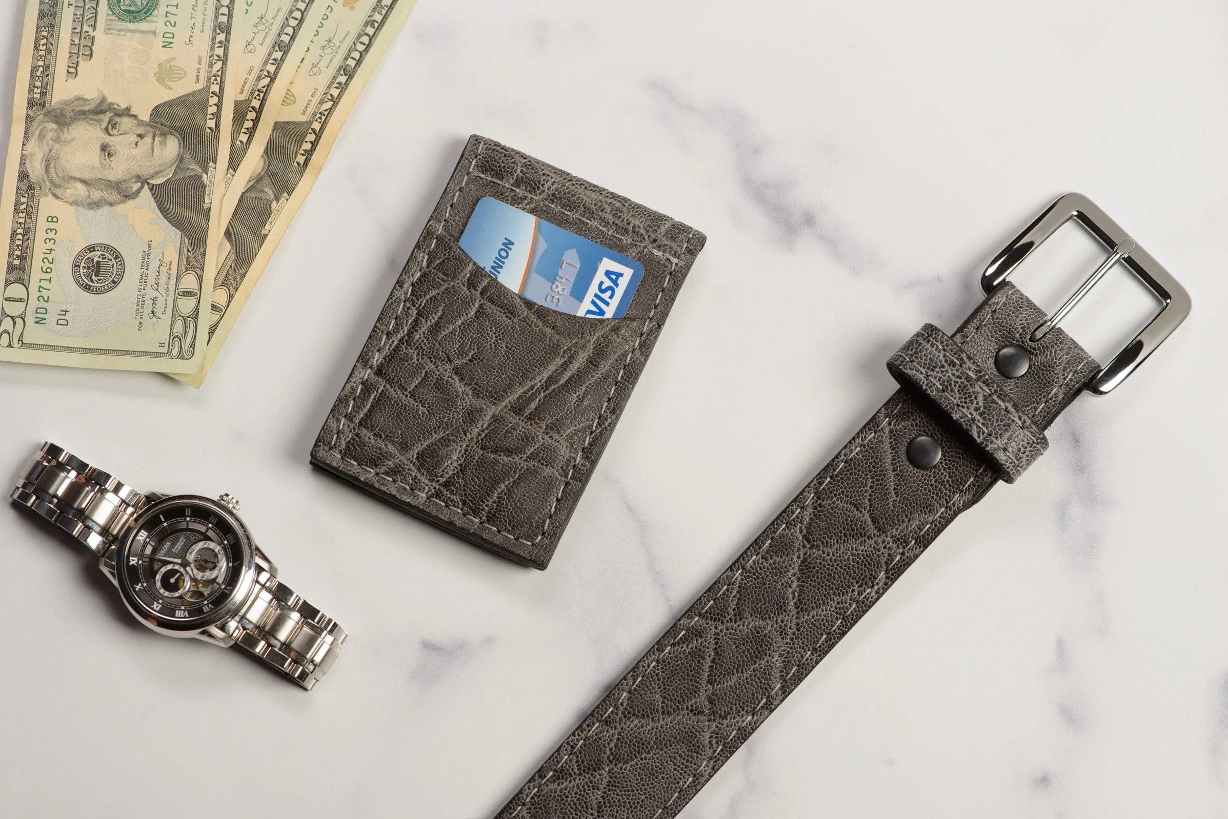 Charcoal Gray Elephant Bifold Slim Profile Wallet With Money Clip