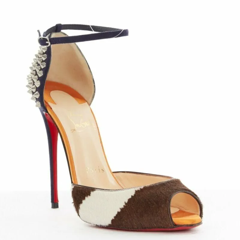 CHRISTIAN LOUBOUTIN Pina Spike animal peep toe ankle strap studded heel EU37.5