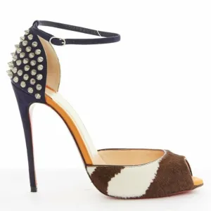 CHRISTIAN LOUBOUTIN Pina Spike animal peep toe ankle strap studded heel EU37.5