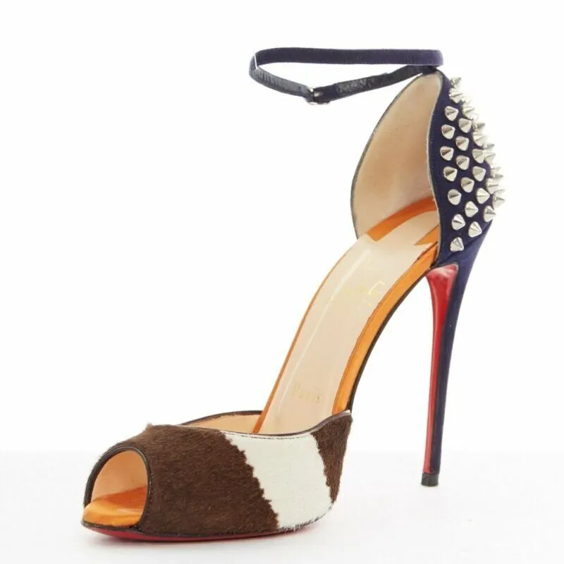CHRISTIAN LOUBOUTIN Pina Spike animal peep toe ankle strap studded heel EU37.5