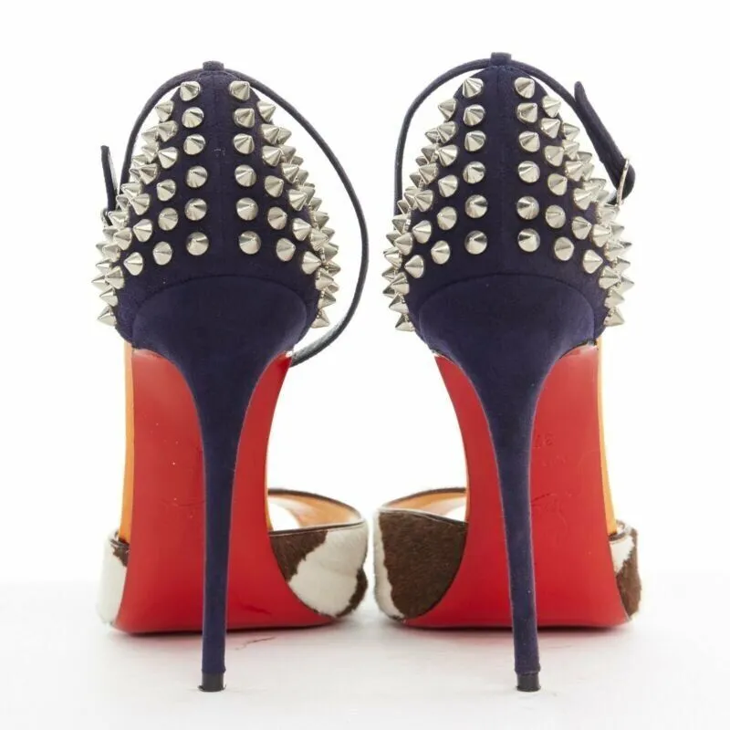 CHRISTIAN LOUBOUTIN Pina Spike animal peep toe ankle strap studded heel EU37.5