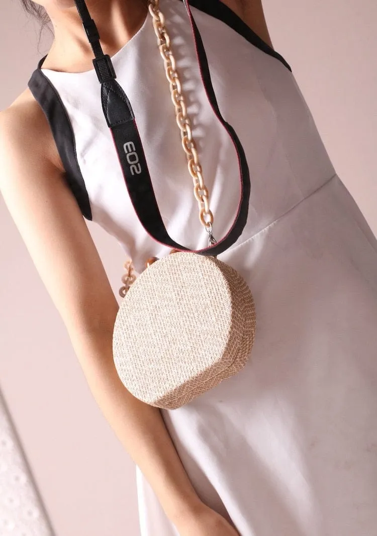 Circular Weave Handbag Beach Bag With Resin Wooden Strip