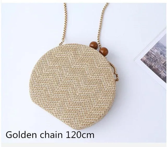 Circular Weave Handbag Beach Bag With Resin Wooden Strip