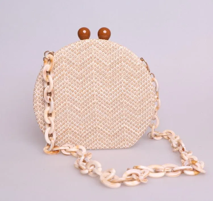 Circular Weave Handbag Beach Bag With Resin Wooden Strip