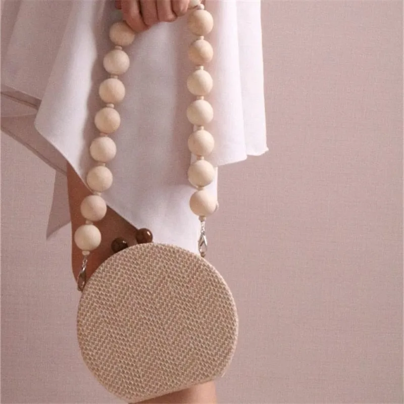 Circular Weave Handbag Beach Bag With Resin Wooden Strip