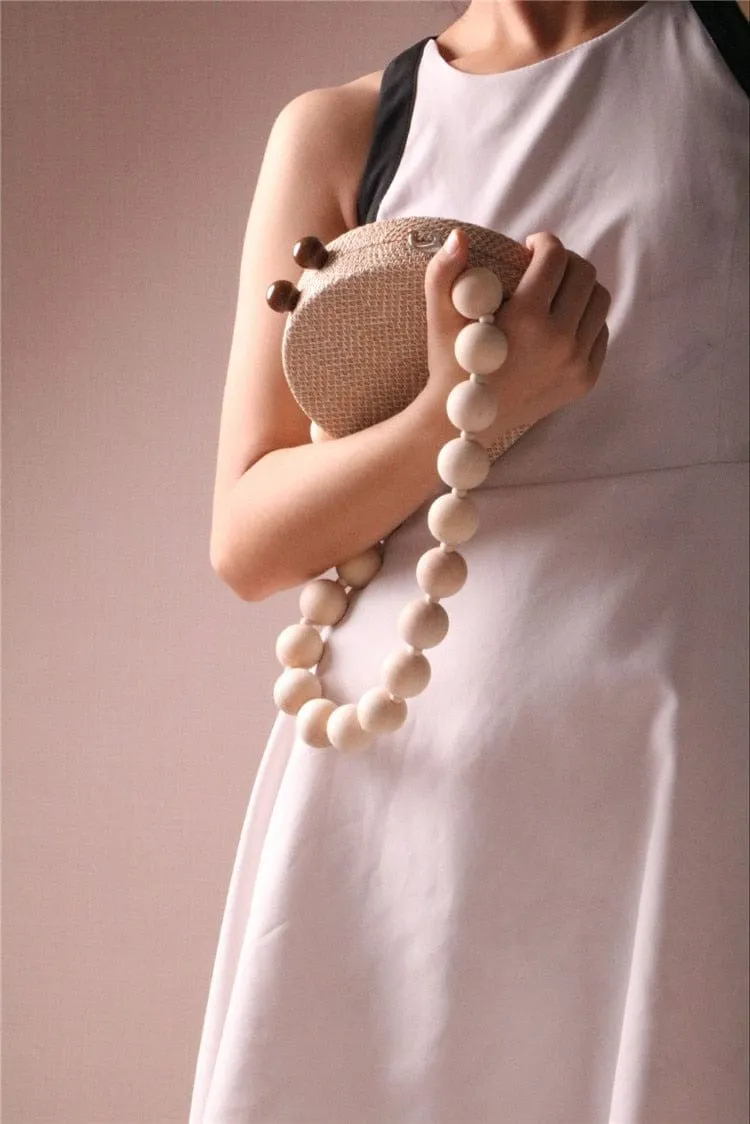Circular Weave Handbag Beach Bag With Resin Wooden Strip
