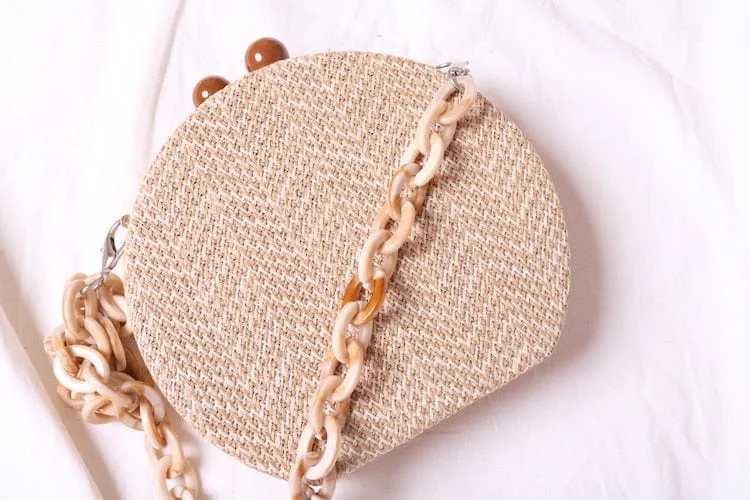 Circular Weave Handbag Beach Bag With Resin Wooden Strip