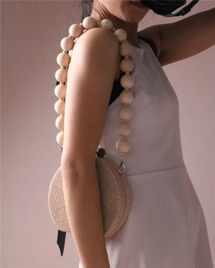 Circular Weave Handbag Beach Bag With Resin Wooden Strip
