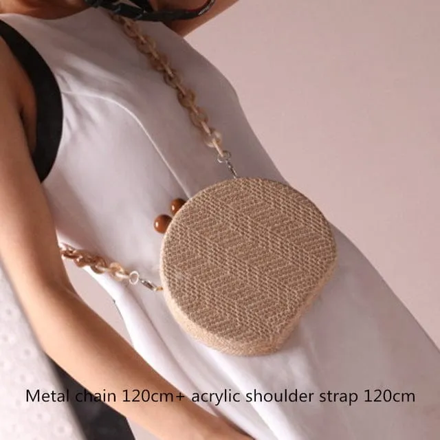 Circular Weave Handbag Beach Bag With Resin Wooden Strip