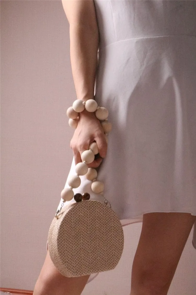Circular Weave Handbag Beach Bag With Resin Wooden Strip