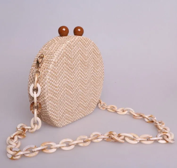 Circular Weave Handbag Beach Bag With Resin Wooden Strip