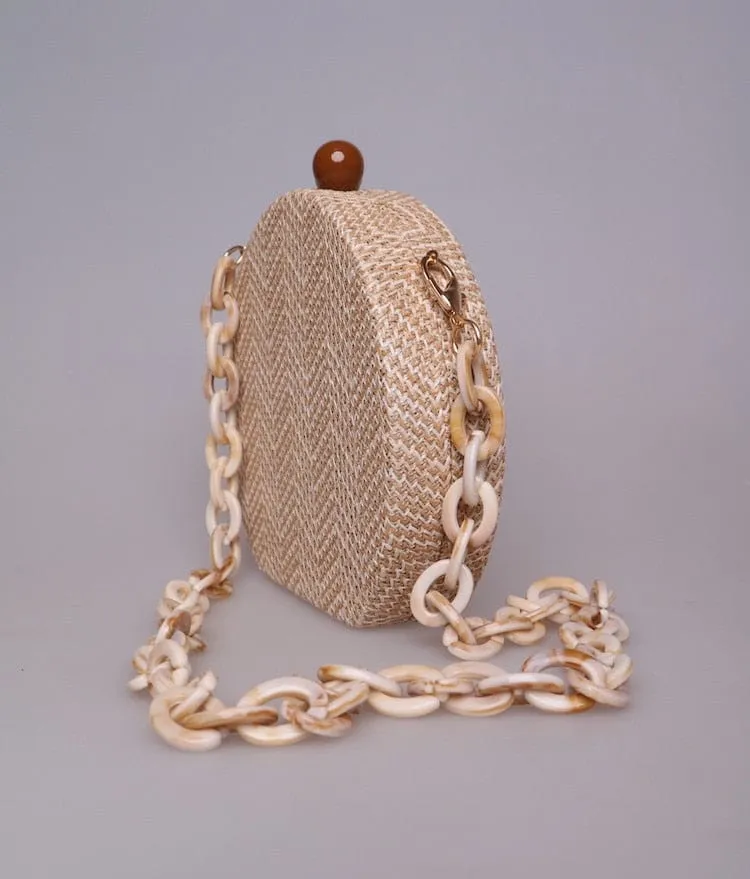 Circular Weave Handbag Beach Bag With Resin Wooden Strip