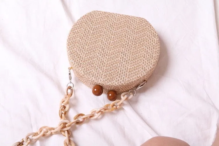 Circular Weave Handbag Beach Bag With Resin Wooden Strip