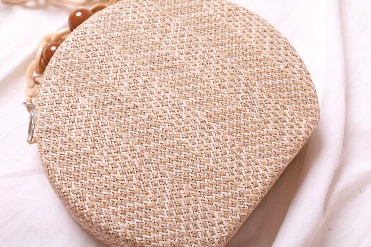 Circular Weave Handbag Beach Bag With Resin Wooden Strip