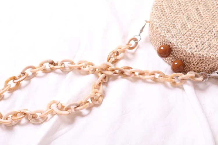 Circular Weave Handbag Beach Bag With Resin Wooden Strip
