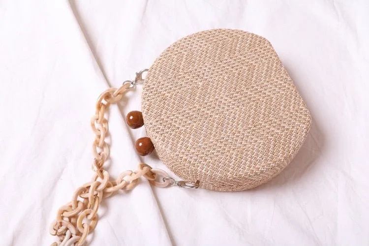 Circular Weave Handbag Beach Bag With Resin Wooden Strip