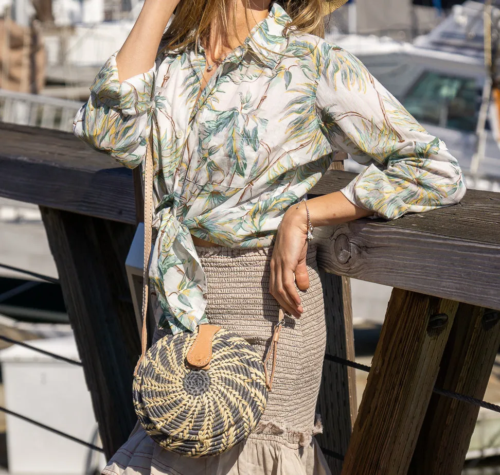 Clamshell Two Tone Round Straw Crossbody Bag