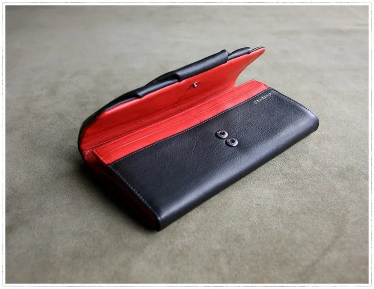 Classic Black Leather Womens Wallet Bifold Clutch Wallet Long Wallet for Women