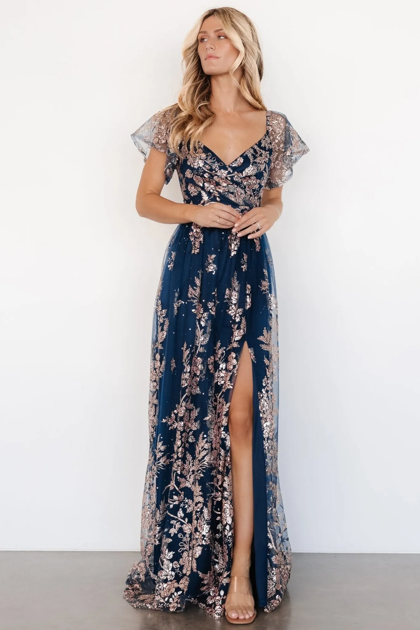 Corinne Shimmer Maxi Gown | Navy   Rose Gold
