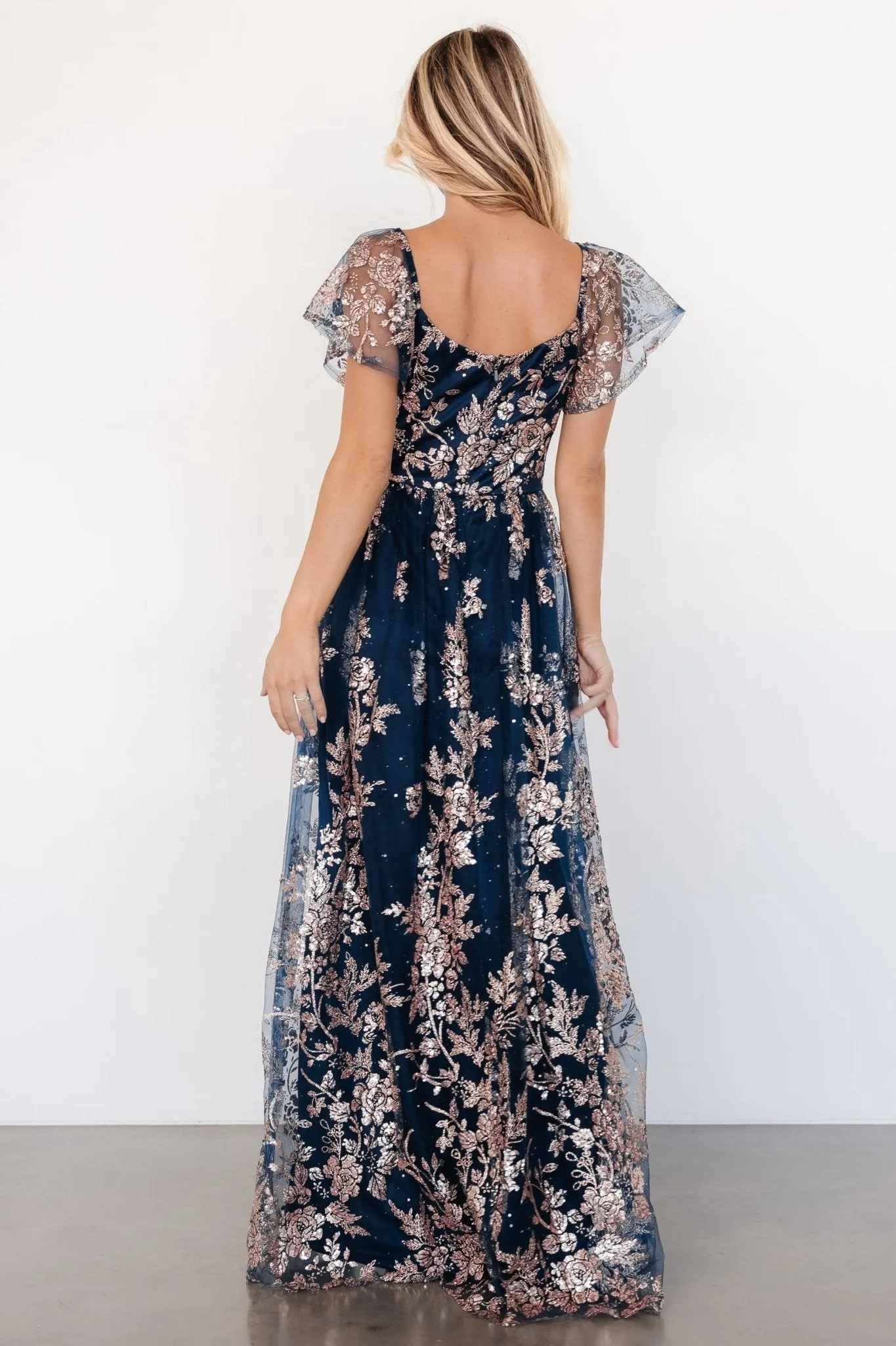Corinne Shimmer Maxi Gown | Navy   Rose Gold