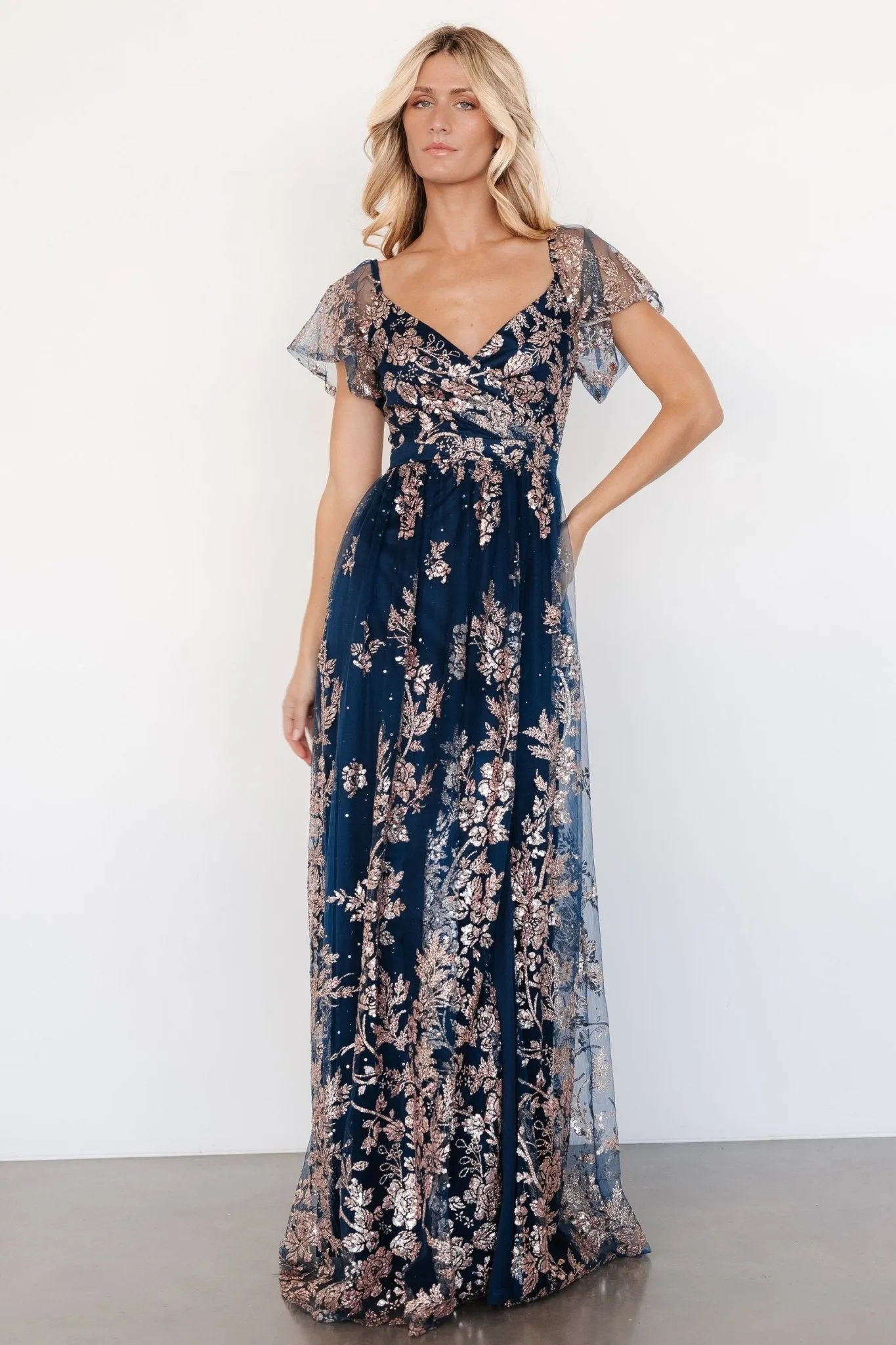 Corinne Shimmer Maxi Gown | Navy   Rose Gold